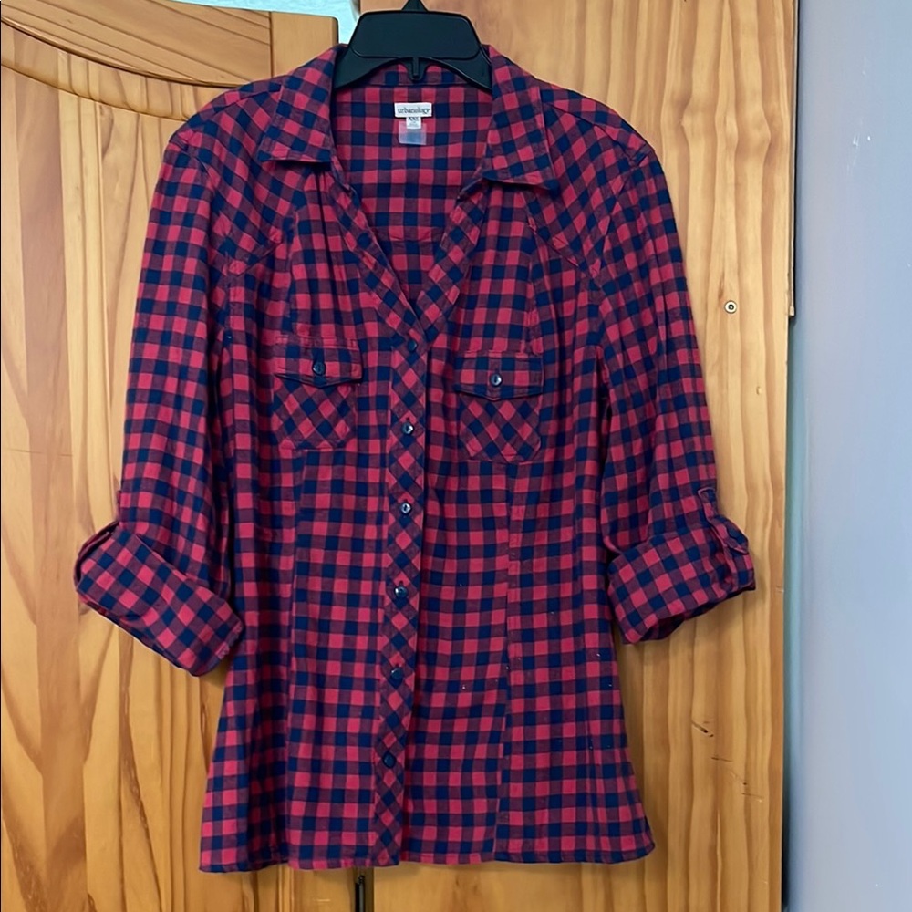 URBANOLOGY FLANNEL SHIRT GIRLS XXL (19) RED BLACK V-NECK BUTTON-UP 3/4 SLEEVE